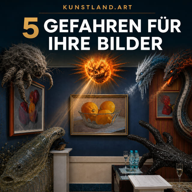 Fünf sinnbildliche Gefahren bedrohen Gemälde: Sonnenlicht, Feuchtigkeit, Temperaturschwankungen, Staub und falsches Anfassen.